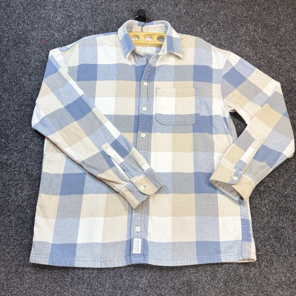 Hollister Mens Soft FlannelLong Sleeve Button Up Shirt Sz M Blue Cream Tan Plaid